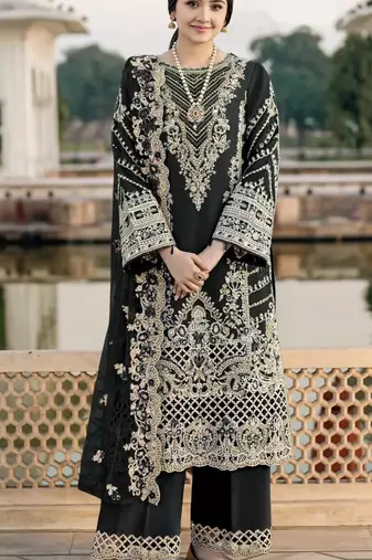Black chiffon semi stitched suit with embroidery & sequence work