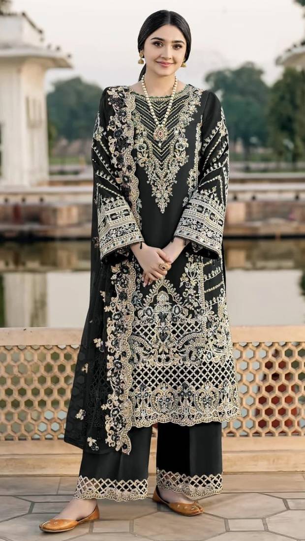 Black chiffon semi stitched suit with embroidery & sequence work