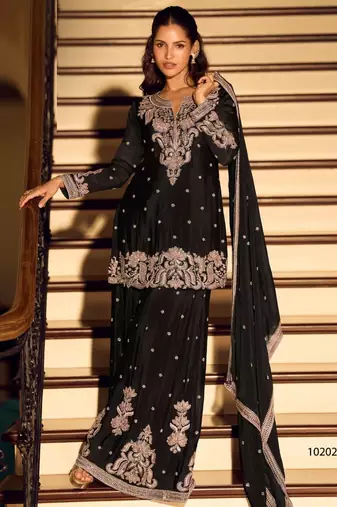 Black chinon free size stitched suit with embroidered beats 