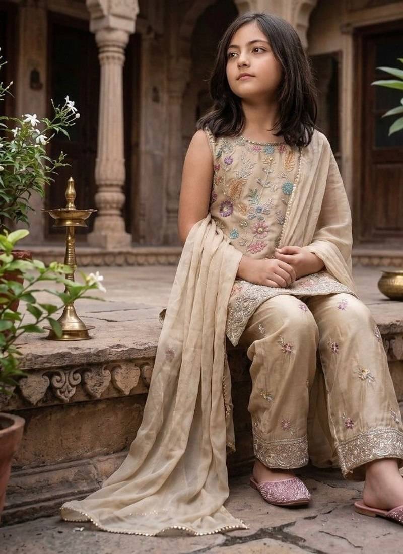 Trendy stylish kids wear heavy embroidery sequence work kurta set