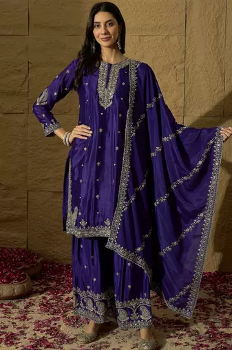 Purple embroidered chinon stitched straight top sharara kurta sharara set
