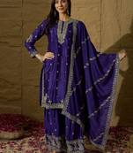 Purple embroidered chinon stitched straight top sharara kurta sharara set