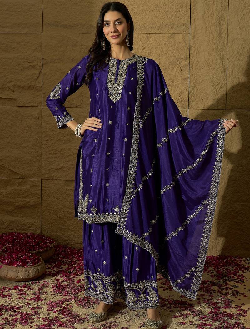 Purple embroidered chinon stitched straight top sharara kurta sharara set