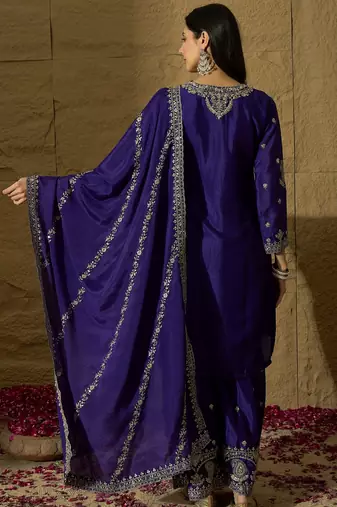 Purple embroidered chinon stitched straight top sharara kurta sharara set