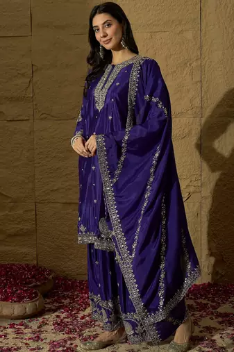 Purple embroidered chinon stitched straight top sharara kurta sharara set