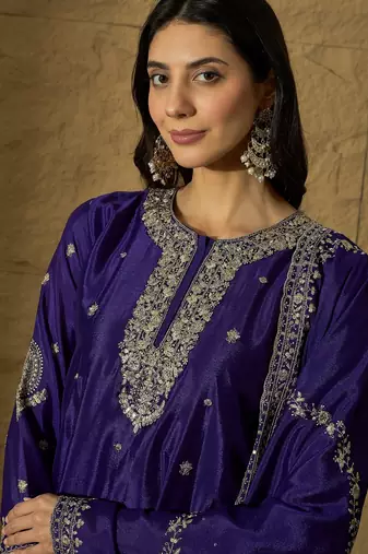Purple embroidered chinon stitched straight top sharara kurta sharara set