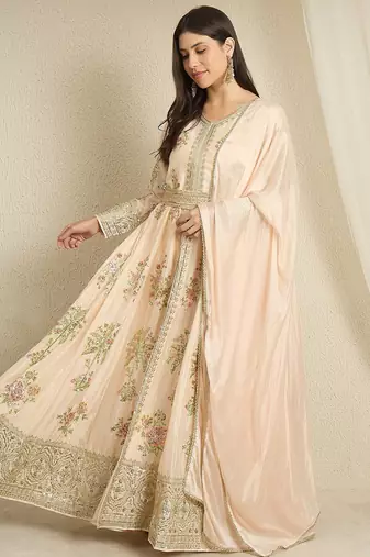 Peach embroidered chinon stitched anarkali kurta pant kurta pant set