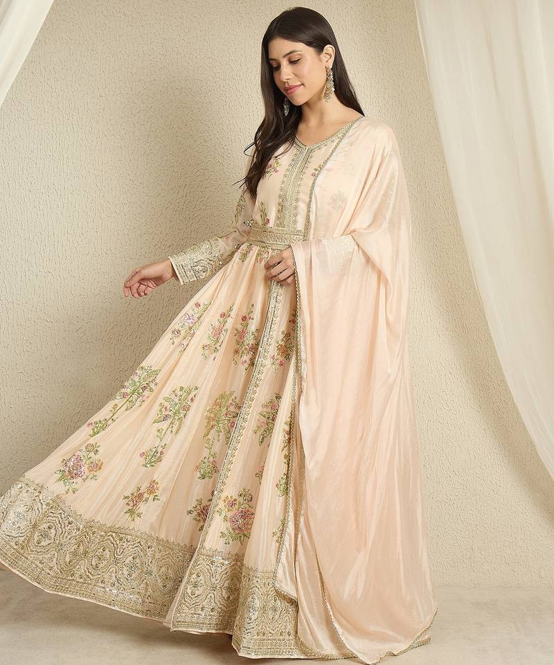 Peach embroidered chinon stitched anarkali kurta pant kurta pant set
