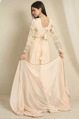 Peach embroidered chinon stitched anarkali kurta pant kurta pant set