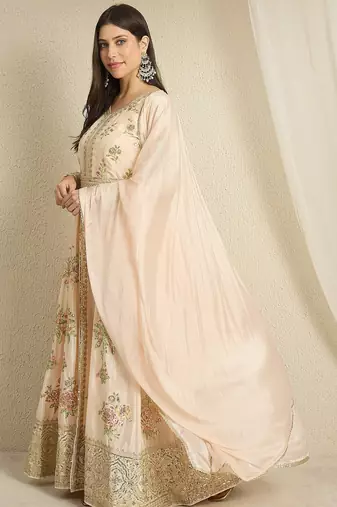 Peach embroidered chinon stitched anarkali kurta pant kurta pant set
