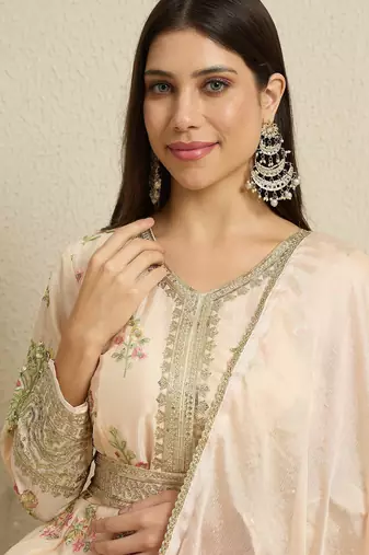 Peach embroidered chinon stitched anarkali kurta pant kurta pant set