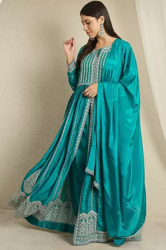 Teal embroidered chinon stitched anarkali kurta palazzo kurta palazzo set