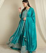 Teal embroidered chinon stitched anarkali kurta palazzo kurta palazzo set