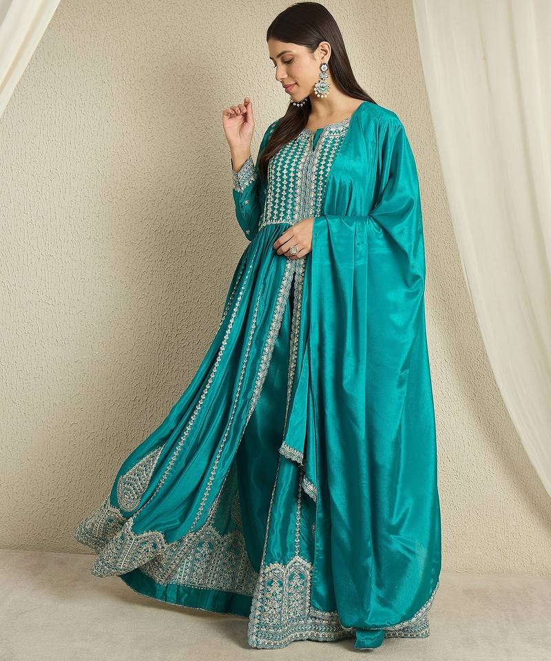 Teal embroidered chinon stitched anarkali kurta palazzo kurta palazzo set