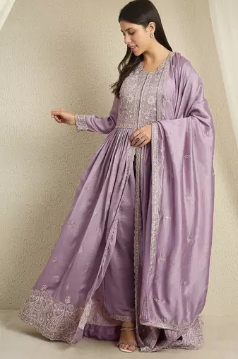 Light purple embroidered vichitra silk stitched anarkali kurta palazzo kurta palazzo set