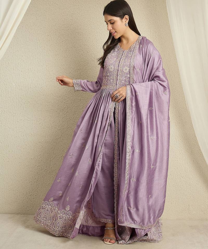 Light purple embroidered vichitra silk stitched anarkali kurta palazzo kurta palazzo set