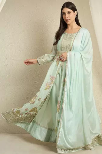 Pista embroidered chinon stitched anarkali kurta pant kurta pant set