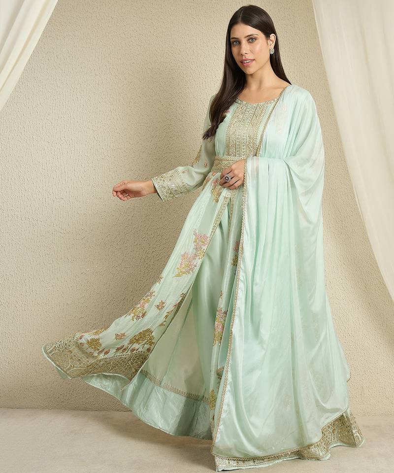 Pista embroidered chinon stitched anarkali kurta pant kurta pant set