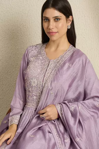 Light purple embroidered vichitra silk stitched anarkali kurta palazzo kurta palazzo set