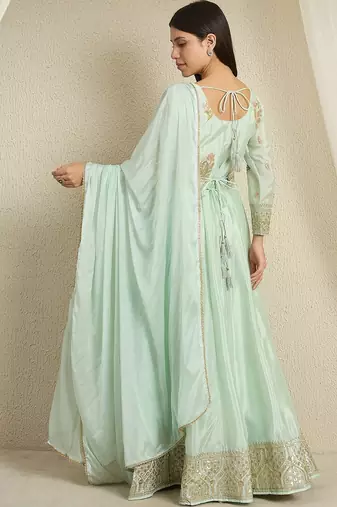 Pista embroidered chinon stitched anarkali kurta pant kurta pant set