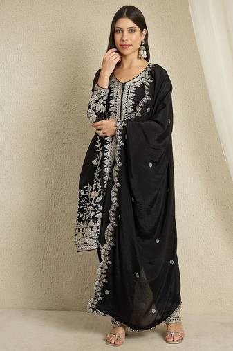 Black embroidered chinon stitched straight kurta palazzo kurta palazzo set