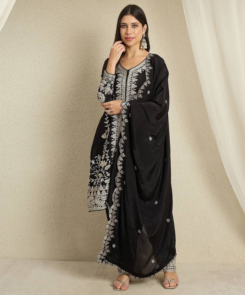 Black embroidered chinon stitched straight kurta palazzo kurta palazzo set
