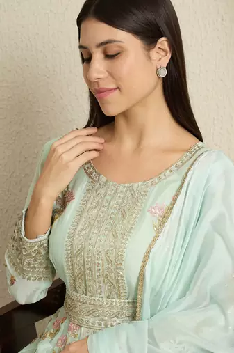 Pista embroidered chinon stitched anarkali kurta pant kurta pant set