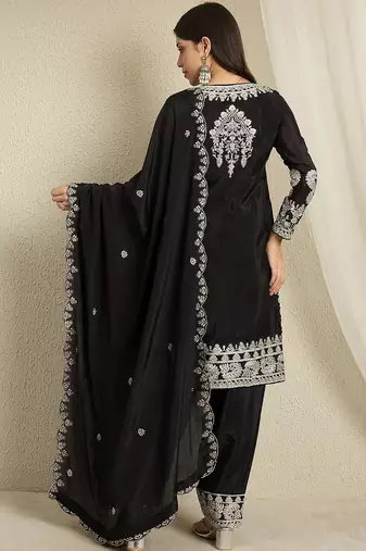 Black embroidered chinon stitched straight kurta palazzo kurta palazzo set