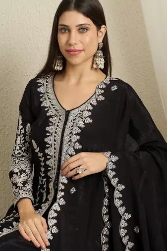 Black embroidered chinon stitched straight kurta palazzo kurta palazzo set