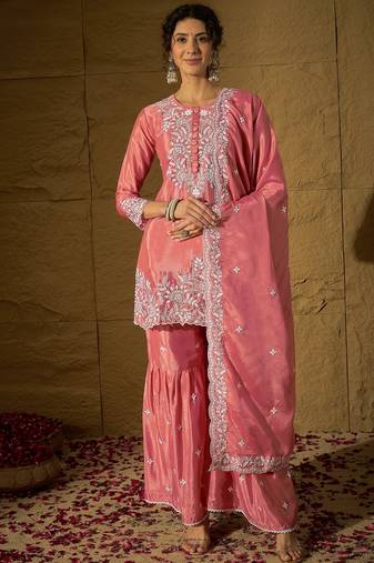 Light pink embroidered chinon stitched straight kurta sharara kurta sharara set