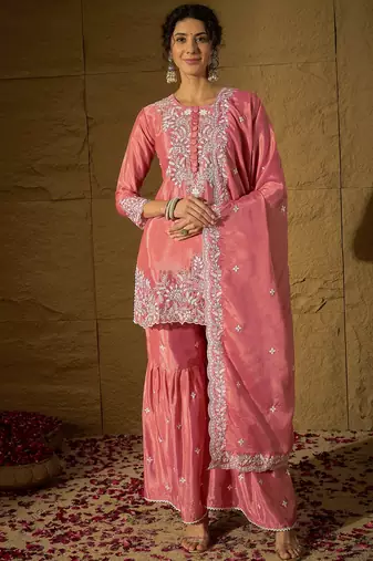 Light pink embroidered chinon stitched straight kurta sharara kurta sharara set