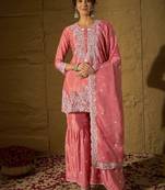 Light pink embroidered chinon stitched straight kurta sharara kurta sharara set