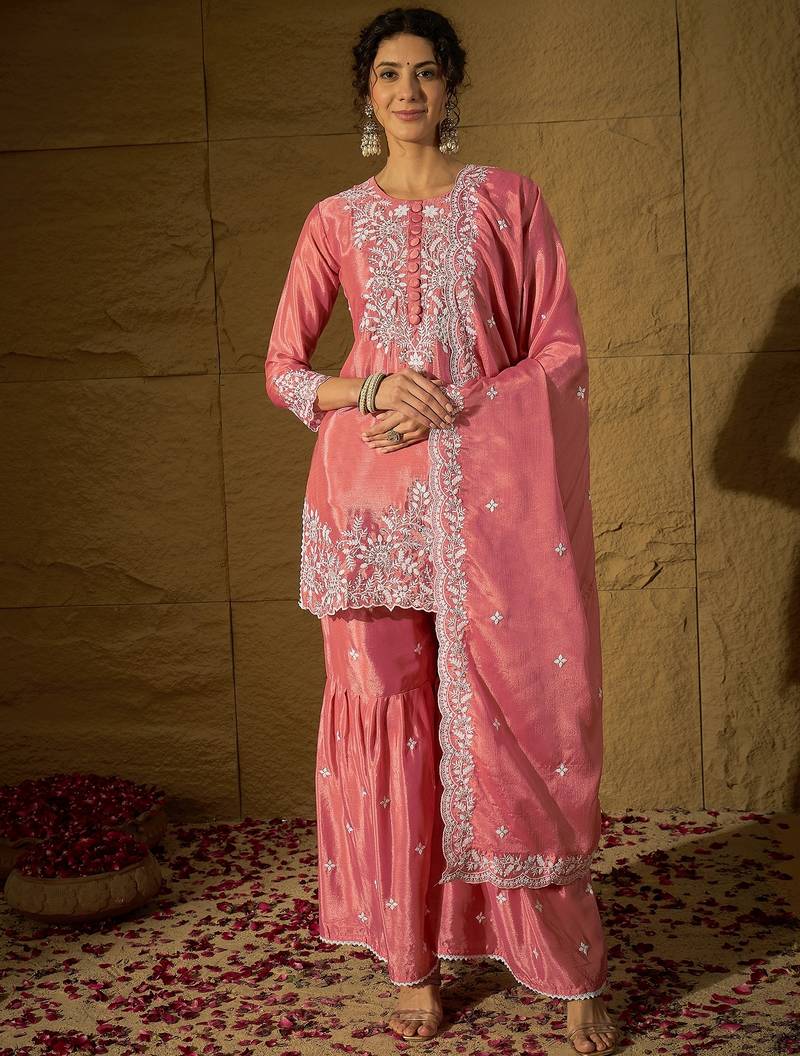Light pink embroidered chinon stitched straight kurta sharara kurta sharara set