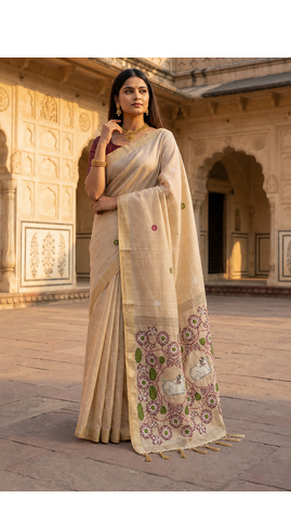 Cream Color Meenakari Zari Weawing Border Work Cotton Saree  1