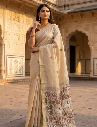 Cream Color Meenakari Zari Weawing Border Work Cotton Saree 