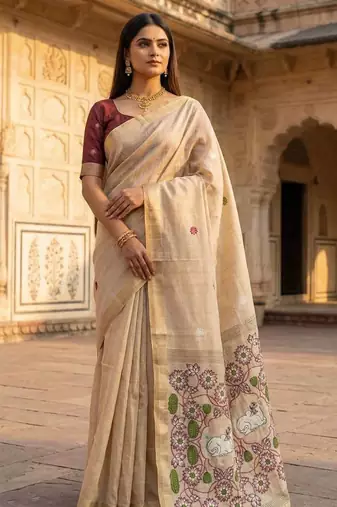 Cream Color Meenakari Zari Weawing Border Work Cotton Saree 