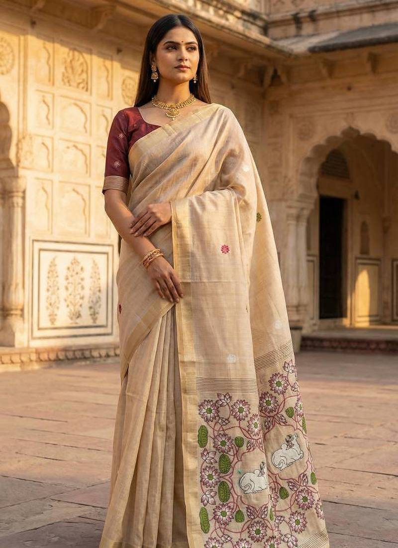 Cream Color Meenakari Zari Weawing Border Work Cotton Saree 