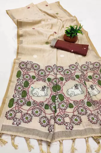 Cream Color Meenakari Zari Weawing Border Work Cotton Saree 