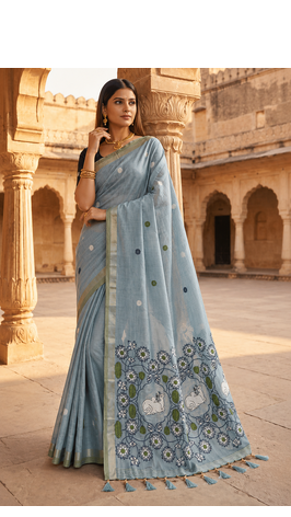 Grey Color Meenakari Zari Weawing Border Work Cotton Saree  1