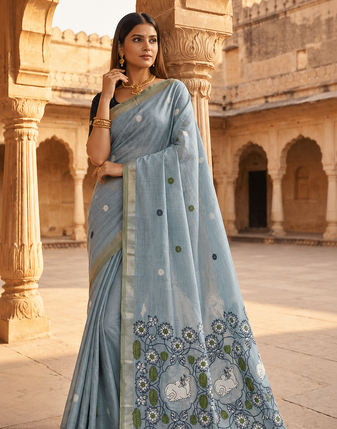 Grey Color Meenakari Zari Weawing Border Work Cotton Saree 