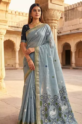 Grey Color Meenakari Zari Weawing Border Work Cotton Saree 