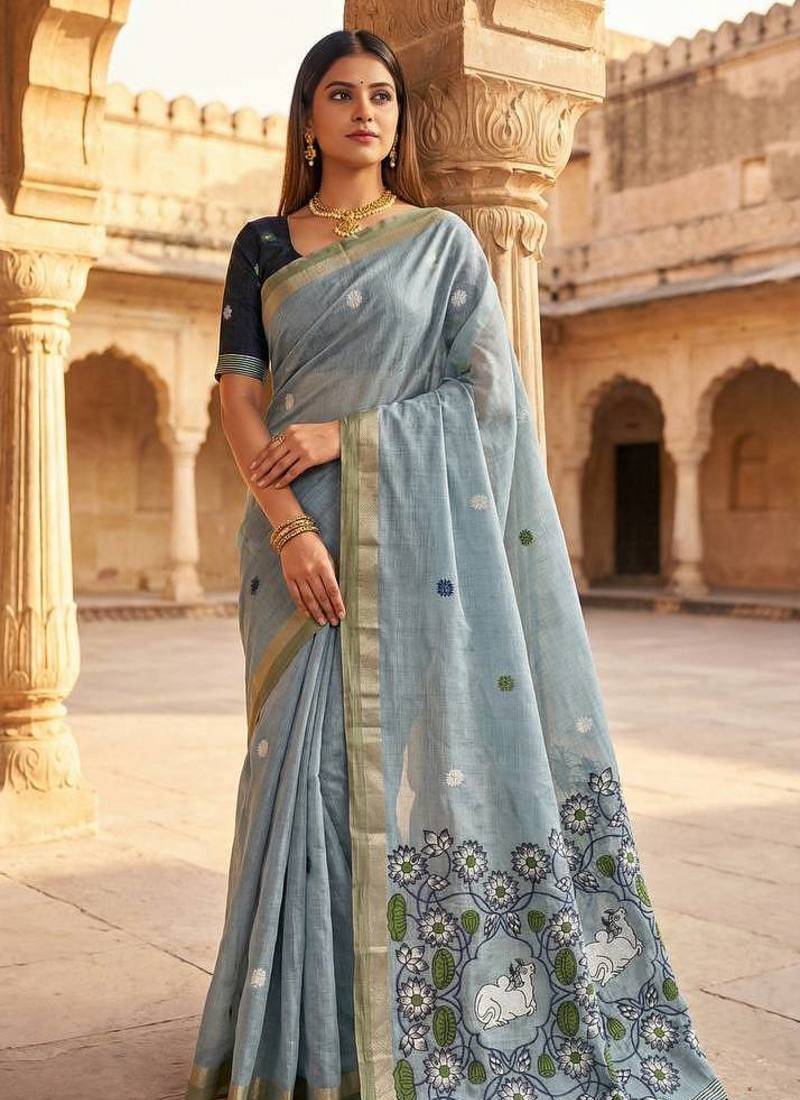 Grey Color Meenakari Zari Weawing Border Work Cotton Saree 