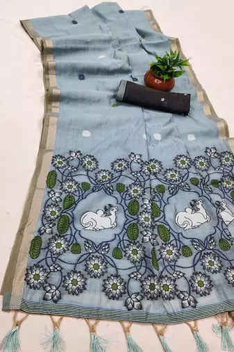 Grey Color Meenakari Zari Weawing Border Work Cotton Saree 