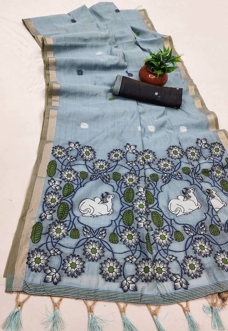 Grey Color Meenakari Zari Weawing Border Work Cotton Saree 