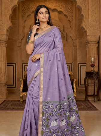 Lavender Color Meenakari Zari Weawing Border Work Cotton Saree 