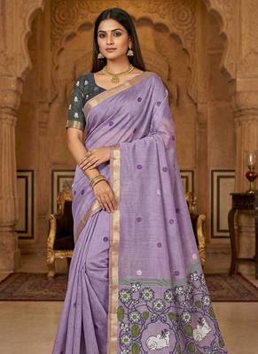 Lavender Color Meenakari Zari Weawing Border Work Cotton Saree  2