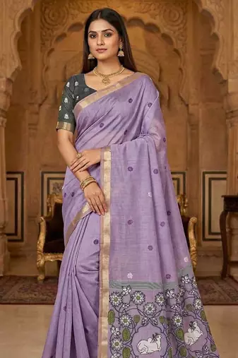 Lavender Color Meenakari Zari Weawing Border Work Cotton Saree 