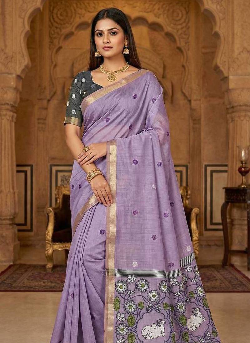 Lavender Color Meenakari Zari Weawing Border Work Cotton Saree 