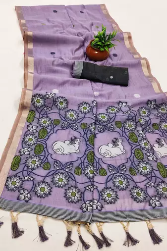 Lavender Color Meenakari Zari Weawing Border Work Cotton Saree 