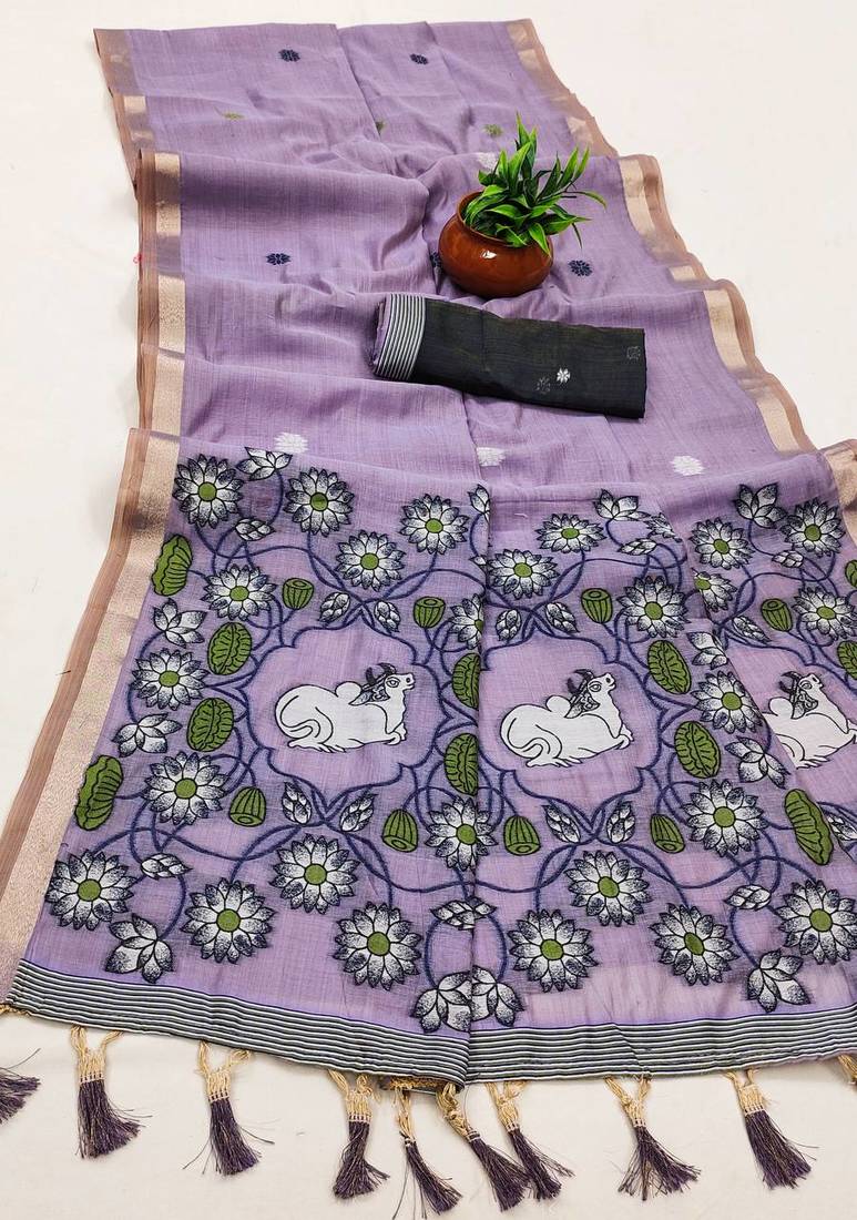 Lavender Color Meenakari Zari Weawing Border Work Cotton Saree 